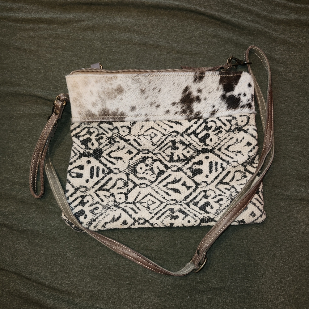 Myra Bag Black & White Patterned Crossbody with Cowhide Accent